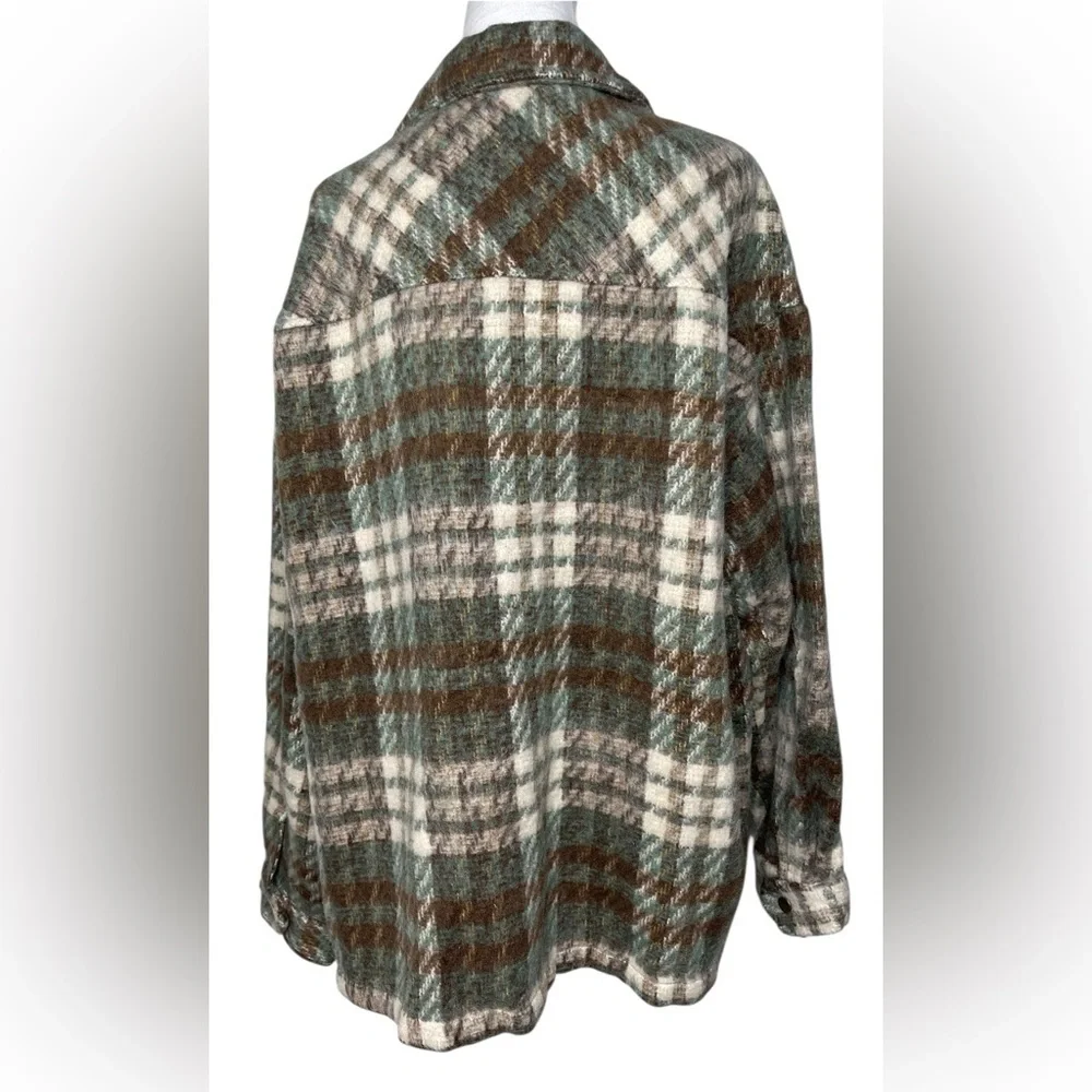 Plaid Women's Jacket in Green Brown Button Up Pockets Fall Woods Cozy Size XL
